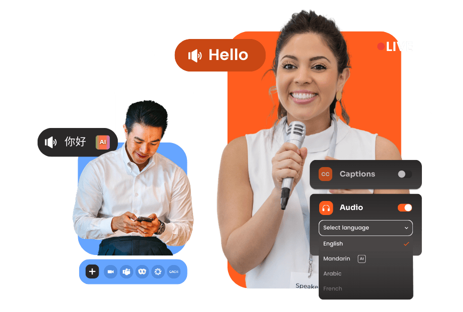 Women and Man speaking and on phone at Interprefy powered event 