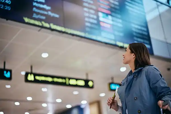 Interprefy - Go green - lady looking at flight board